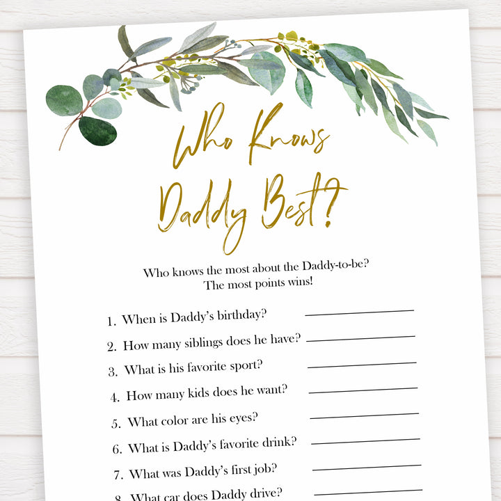 Eucalyptus baby shower games, who knows daddy best game baby game, fun baby shower games, printable baby games, baby shower ideas, baby games, baby shower baby shower bundle, baby shower games packs, botanical baby shower