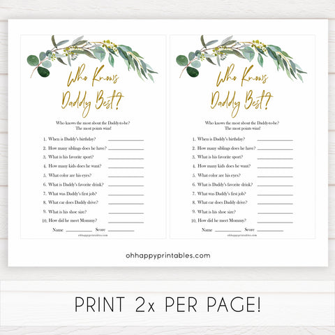 Eucalyptus baby shower games, who knows daddy best game baby game, fun baby shower games, printable baby games, baby shower ideas, baby games, baby shower baby shower bundle, baby shower games packs, botanical baby shower