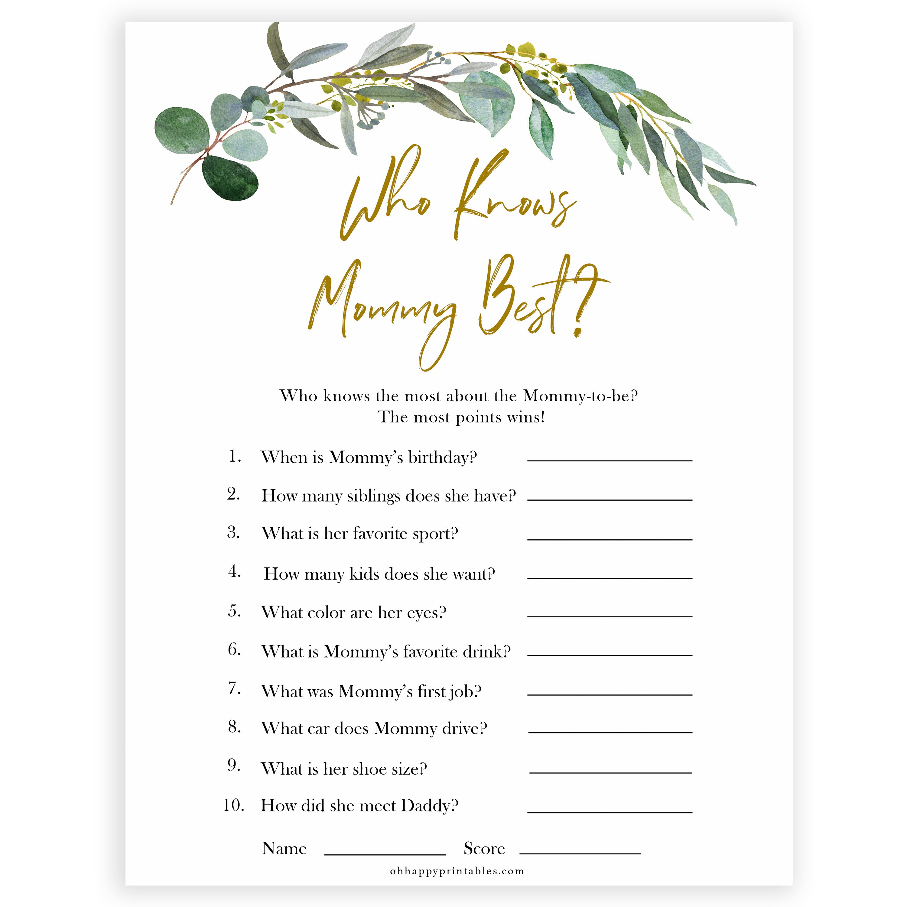 Eucalyptus baby shower games, who knows mummy best, who knows mommy best game baby game, fun baby shower games, printable baby games, baby shower ideas, baby games, baby shower baby shower bundle, baby shower games packs, botanical baby shower