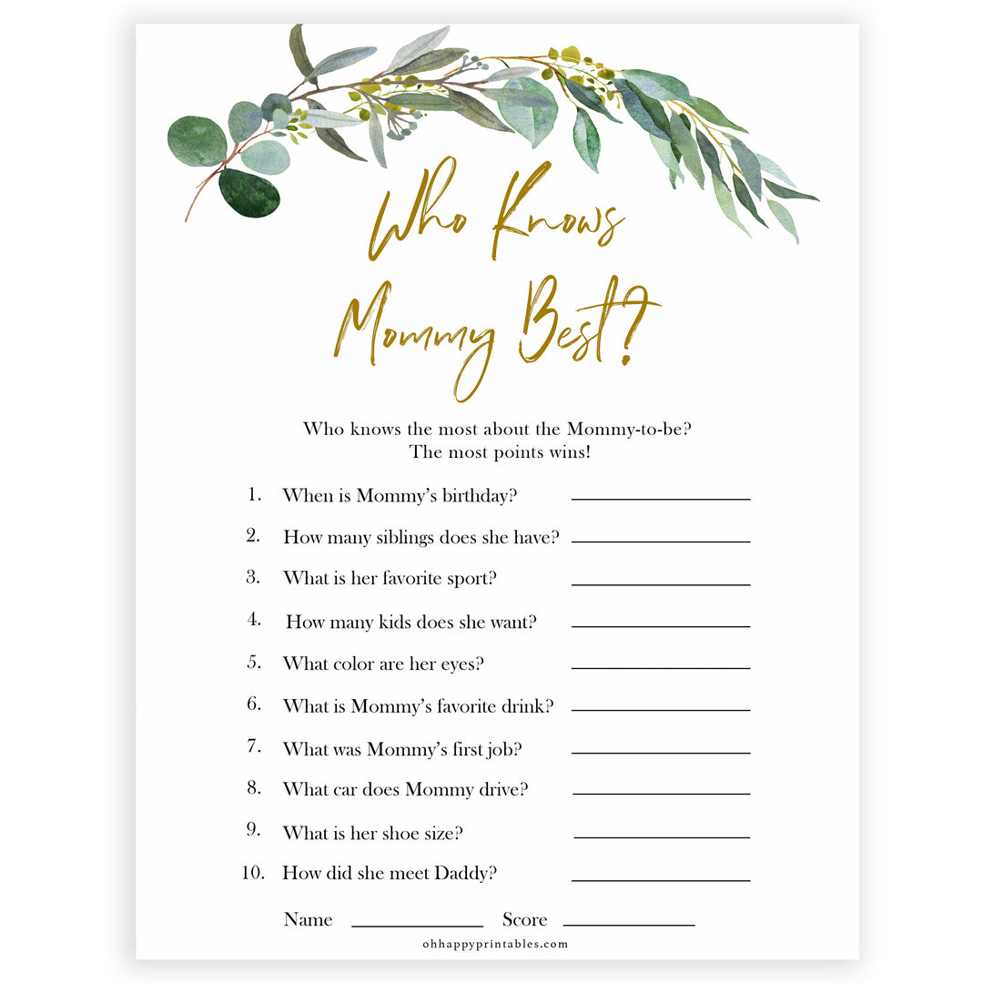 Eucalyptus baby shower games, who knows mummy best, who knows mommy best game baby game, fun baby shower games, printable baby games, baby shower ideas, baby games, baby shower baby shower bundle, baby shower games packs, botanical baby shower