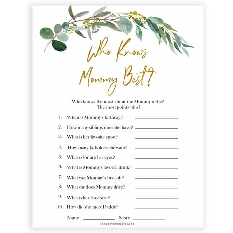 Eucalyptus baby shower games, who knows mummy best, who knows mommy best game baby game, fun baby shower games, printable baby games, baby shower ideas, baby games, baby shower baby shower bundle, baby shower games packs, botanical baby shower