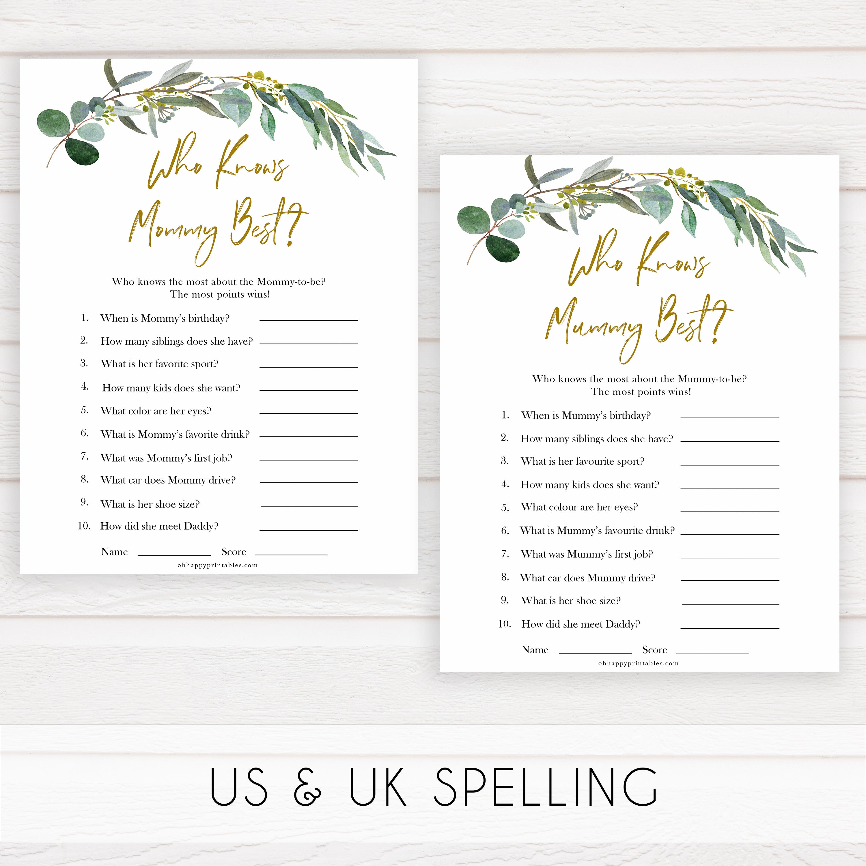 Eucalyptus baby shower games, who knows mummy best, who knows mommy best game baby game, fun baby shower games, printable baby games, baby shower ideas, baby games, baby shower baby shower bundle, baby shower games packs, botanical baby shower