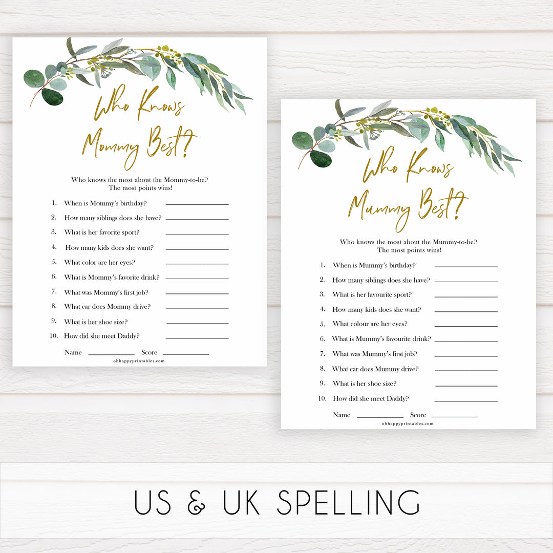 Eucalyptus baby shower games, who knows mummy best, who knows mommy best game baby game, fun baby shower games, printable baby games, baby shower ideas, baby games, baby shower baby shower bundle, baby shower games packs, botanical baby shower