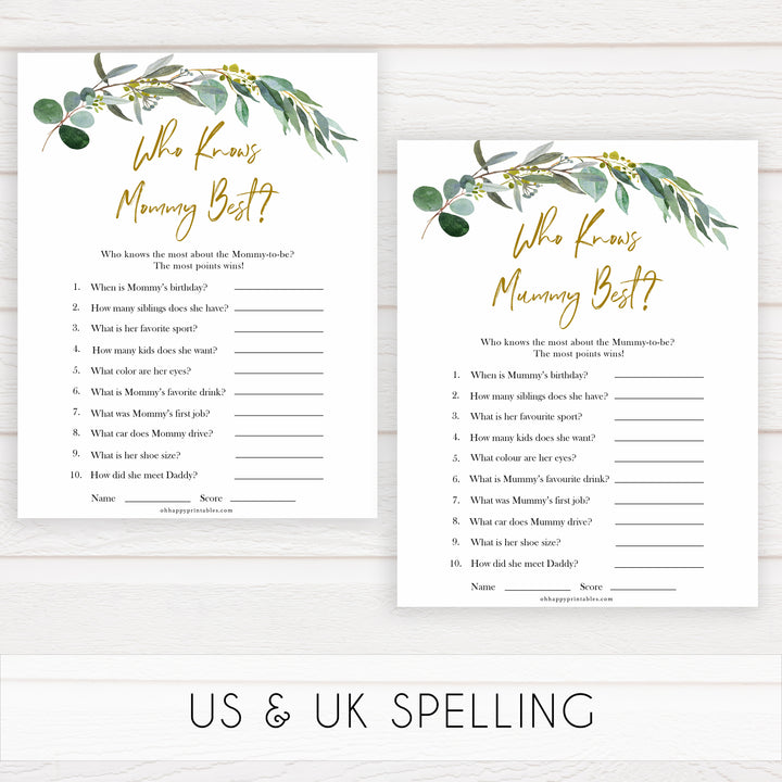 Eucalyptus baby shower games, who knows mummy best, who knows mommy best game baby game, fun baby shower games, printable baby games, baby shower ideas, baby games, baby shower baby shower bundle, baby shower games packs, botanical baby shower