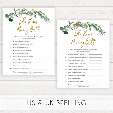 Eucalyptus baby shower games, who knows mummy best, who knows mommy best game baby game, fun baby shower games, printable baby games, baby shower ideas, baby games, baby shower baby shower bundle, baby shower games packs, botanical baby shower