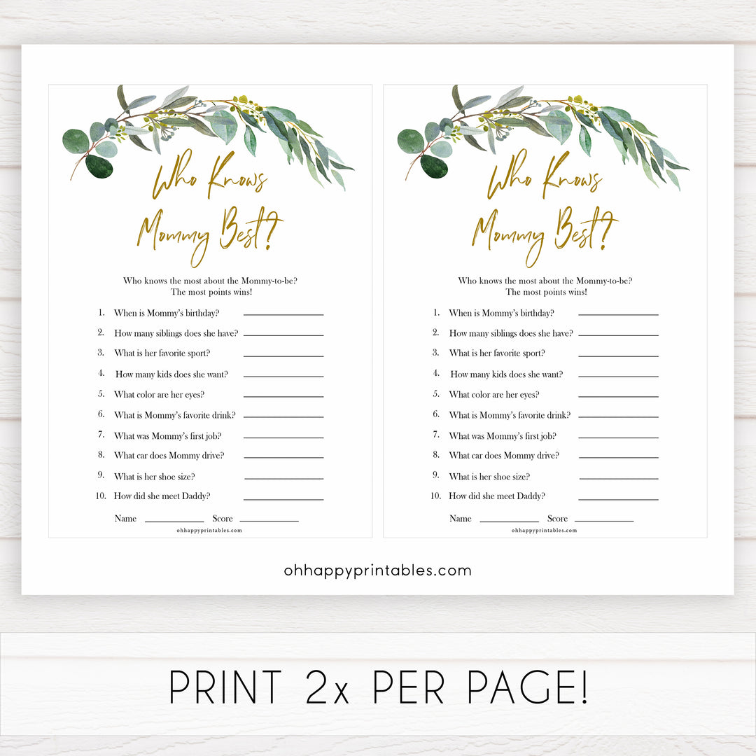 Eucalyptus baby shower games, who knows mummy best, who knows mommy best game baby game, fun baby shower games, printable baby games, baby shower ideas, baby games, baby shower baby shower bundle, baby shower games packs, botanical baby shower