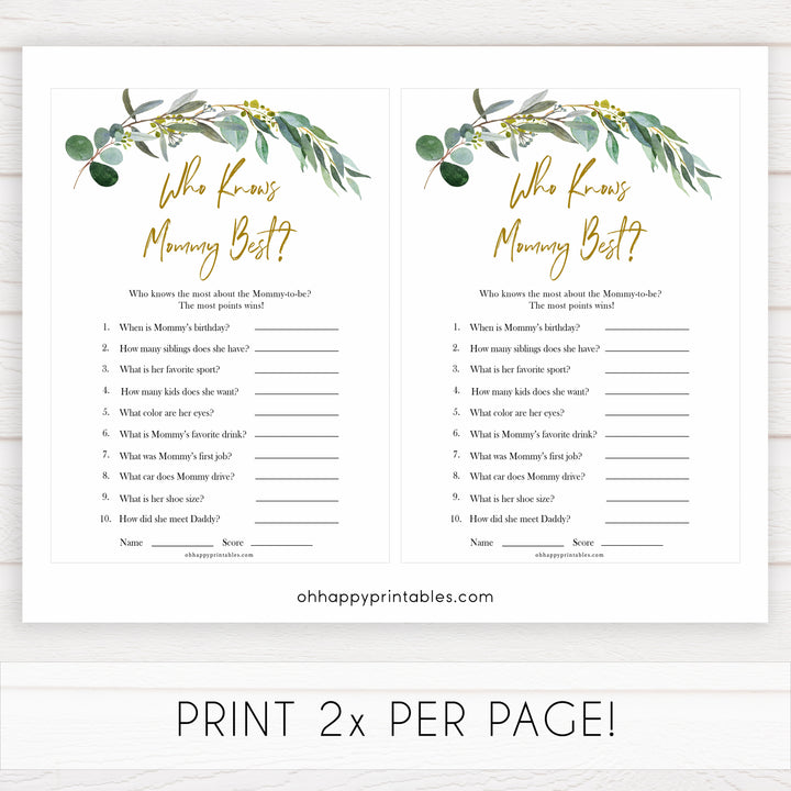 Eucalyptus baby shower games, who knows mummy best, who knows mommy best game baby game, fun baby shower games, printable baby games, baby shower ideas, baby games, baby shower baby shower bundle, baby shower games packs, botanical baby shower