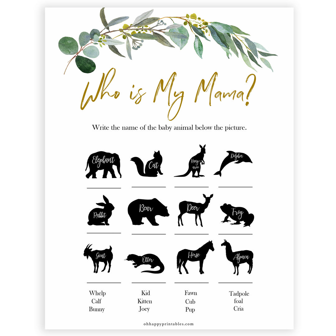 Eucalyptus baby shower games, who is my mama game baby game, fun baby shower games, printable baby games, baby shower ideas, baby games, baby shower baby shower bundle, baby shower games packs, botanical baby shower