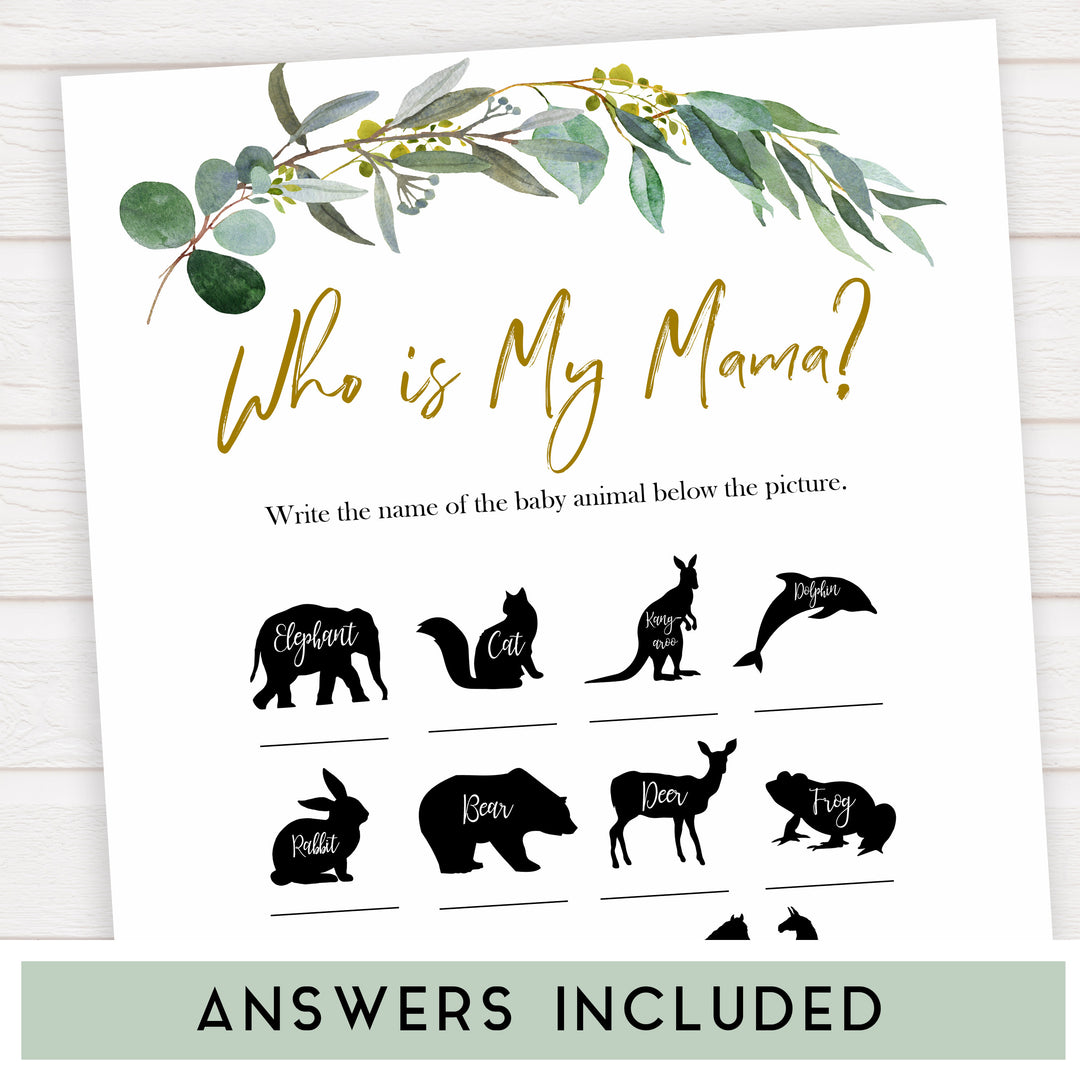 Eucalyptus baby shower games, who is my mama game baby game, fun baby shower games, printable baby games, baby shower ideas, baby games, baby shower baby shower bundle, baby shower games packs, botanical baby shower