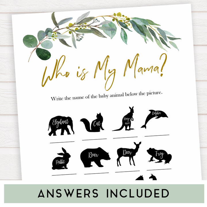 Eucalyptus baby shower games, who is my mama game baby game, fun baby shower games, printable baby games, baby shower ideas, baby games, baby shower baby shower bundle, baby shower games packs, botanical baby shower