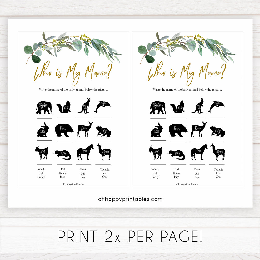 Eucalyptus baby shower games, who is my mama game baby game, fun baby shower games, printable baby games, baby shower ideas, baby games, baby shower baby shower bundle, baby shower games packs, botanical baby shower