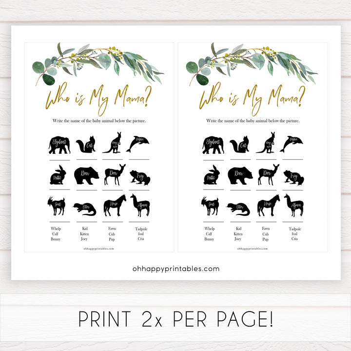 Eucalyptus baby shower games, who is my mama game baby game, fun baby shower games, printable baby games, baby shower ideas, baby games, baby shower baby shower bundle, baby shower games packs, botanical baby shower