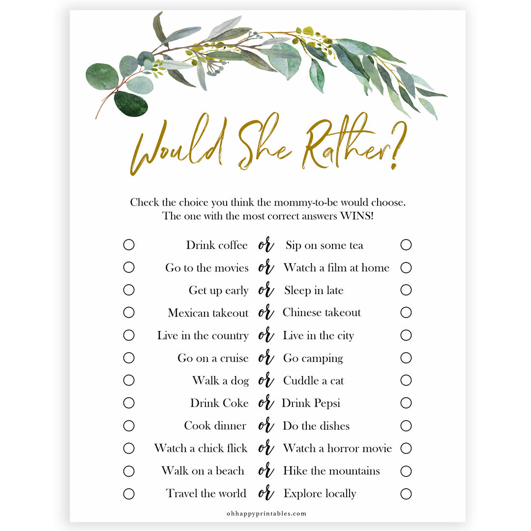 Eucalyptus baby shower games, would she rather game baby game, fun baby shower games, printable baby games, baby shower ideas, baby games, baby shower baby shower bundle, baby shower games packs, botanical baby shower