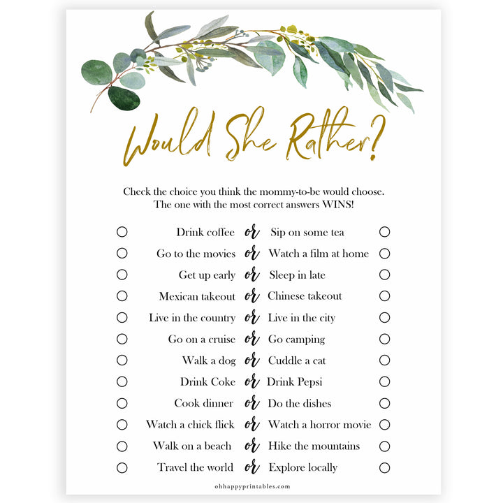 Eucalyptus baby shower games, would she rather game baby game, fun baby shower games, printable baby games, baby shower ideas, baby games, baby shower baby shower bundle, baby shower games packs, botanical baby shower