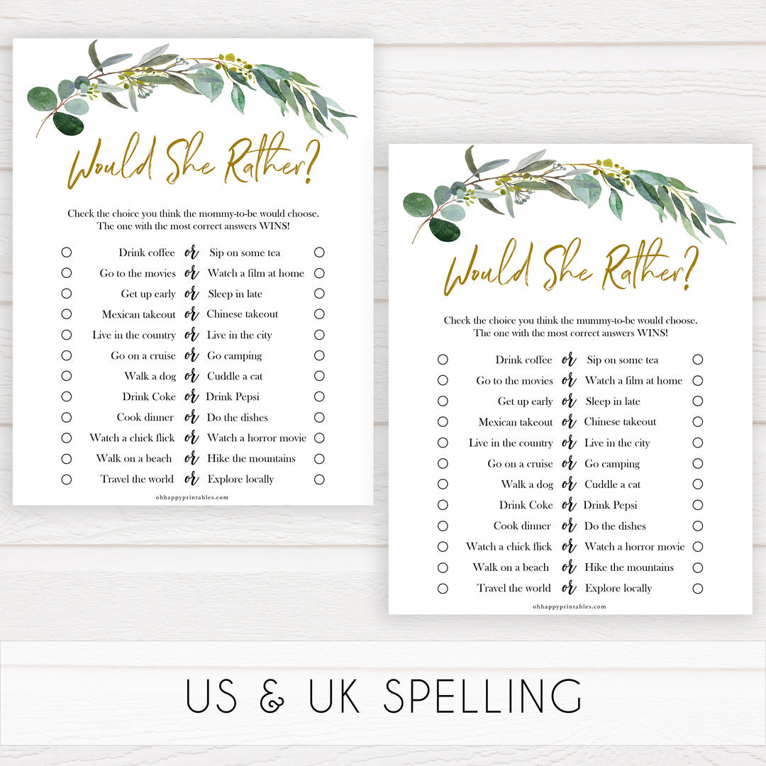 Eucalyptus baby shower games, would she rather game baby game, fun baby shower games, printable baby games, baby shower ideas, baby games, baby shower baby shower bundle, baby shower games packs, botanical baby shower