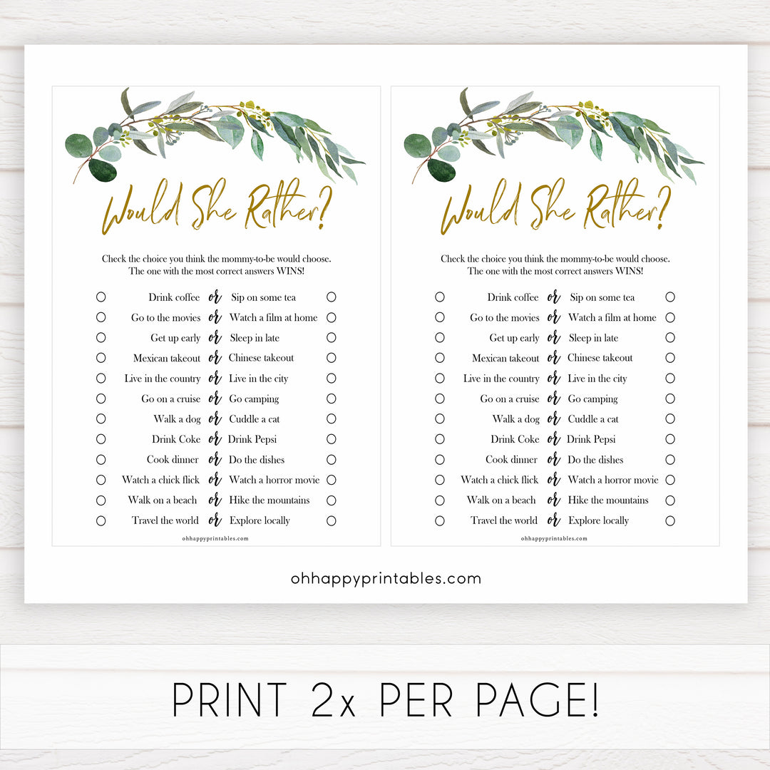 Eucalyptus baby shower games, would she rather game baby game, fun baby shower games, printable baby games, baby shower ideas, baby games, baby shower baby shower bundle, baby shower games packs, botanical baby shower