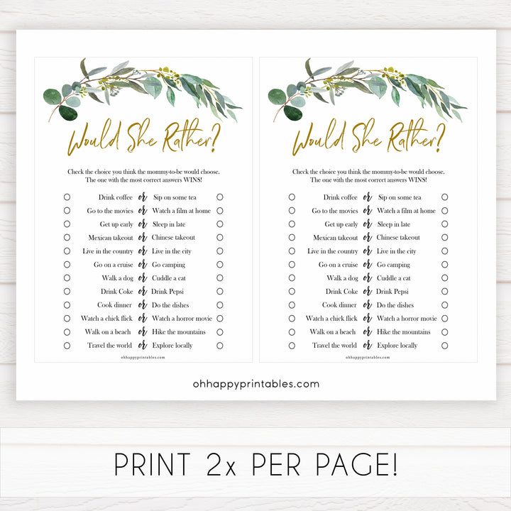 Eucalyptus baby shower games, would she rather game baby game, fun baby shower games, printable baby games, baby shower ideas, baby games, baby shower baby shower bundle, baby shower games packs, botanical baby shower