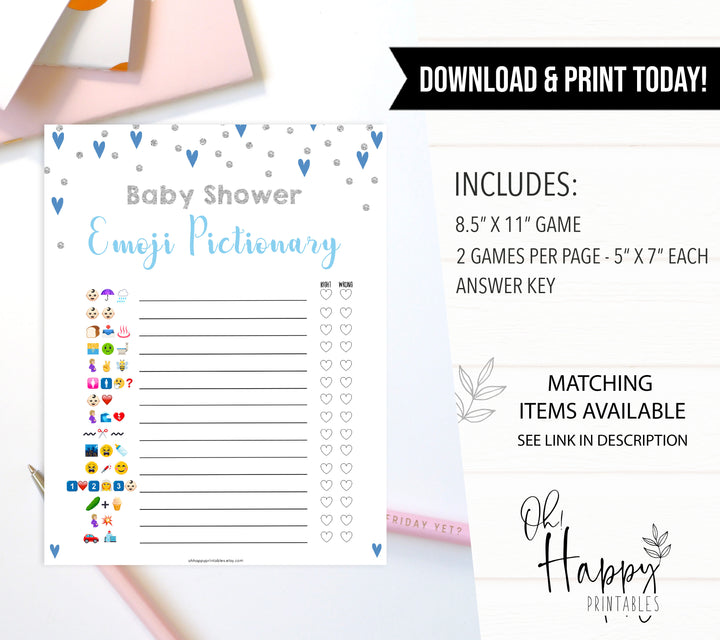 Blue hearts baby games, baby emoji pictionary baby game, printable baby games, boy baby games, blue hearts baby shower, top baby games, fun baby games, popular baby games