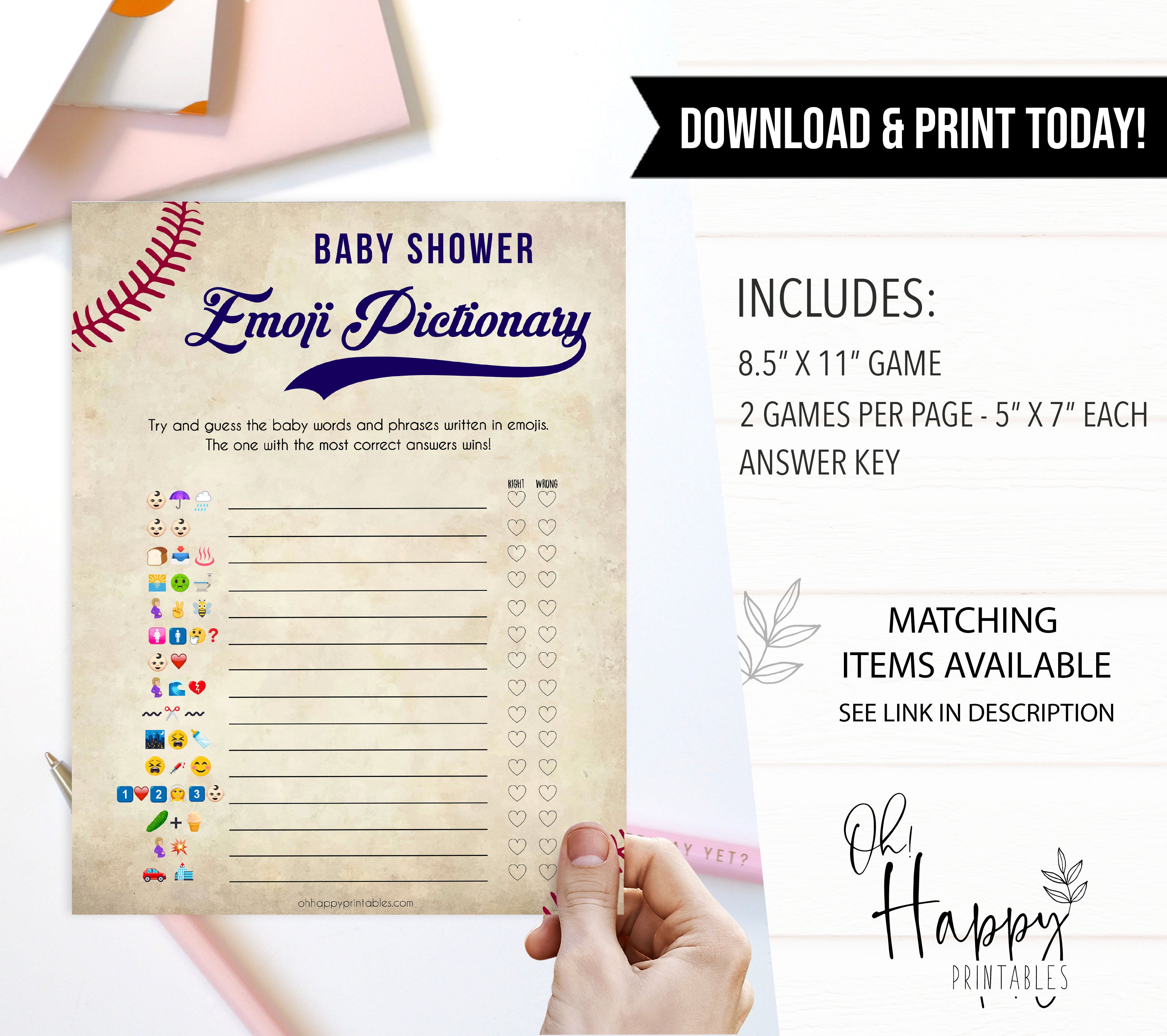 Baseball Emoji Pictionary Baby Shower Games, Emoji Baby Shower Games, Baseball Emoji Pictionary, Baseball Baby Shower Emoji Game, printable baby shower games, little slugger baby shower games, fun baby shower games