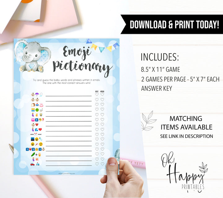 Blue elephant baby games, baby emoji pictionary, elephant baby games, printable baby games, top baby games, best baby shower games, baby shower ideas, fun baby games, elephant baby shower