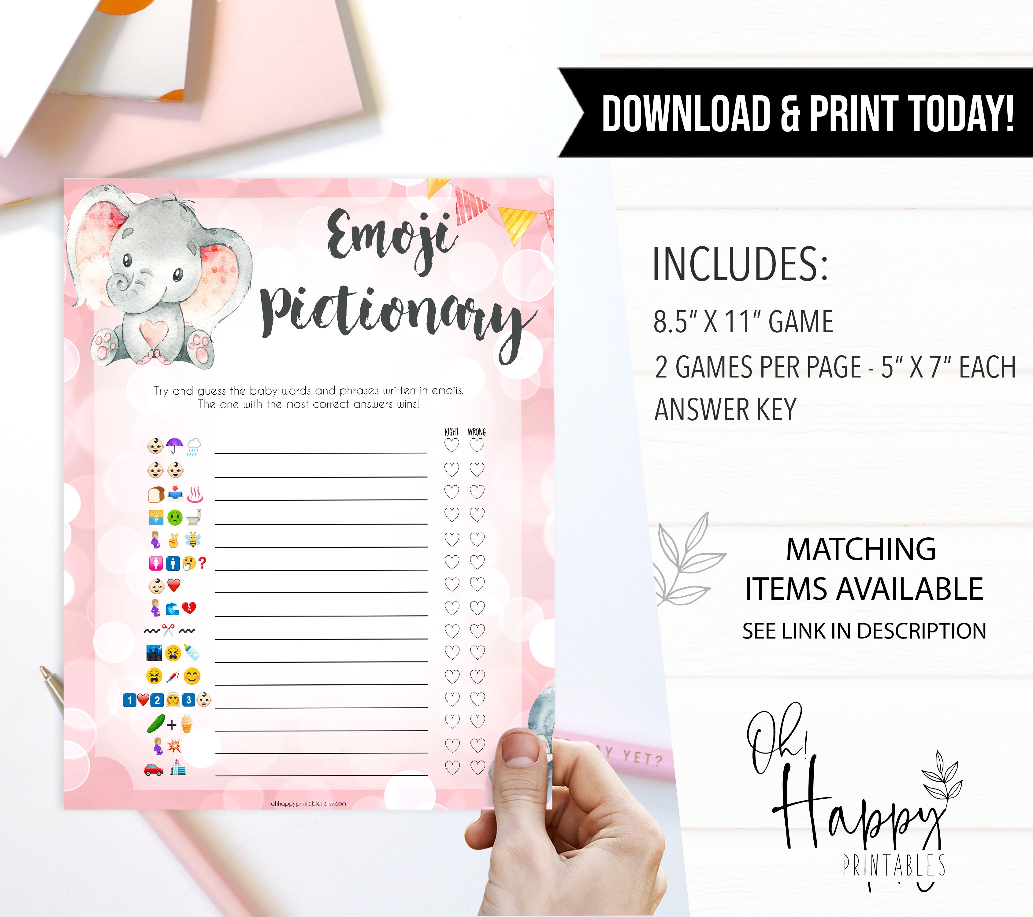 pink elephant baby games, Emoji pictionary baby shower games, printable baby shower games, baby shower games, fun baby games, popular baby games, pink baby games