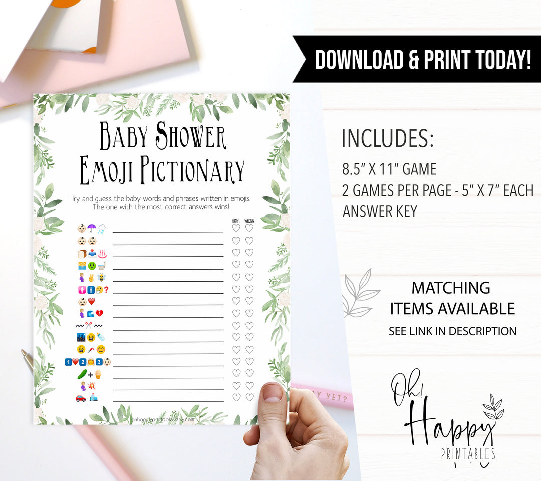Green Leaf Emoji Pictionary Baby Shower Games, Emoji Baby Shower Games, Botanical Emoji Pictionary, Green Baby Shower Emoji Game, Emoji , printable baby shower games, fun baby shower games, popular baby shower games