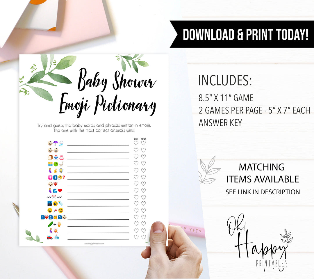 Botanical Emoji Pictionary Baby Shower Games, Emoji Baby Shower Games, Botanical Emoji Pictionary, Green Baby Shower Emoji Game, Emoji , best baby shower games, funny baby games, printable baby shower games