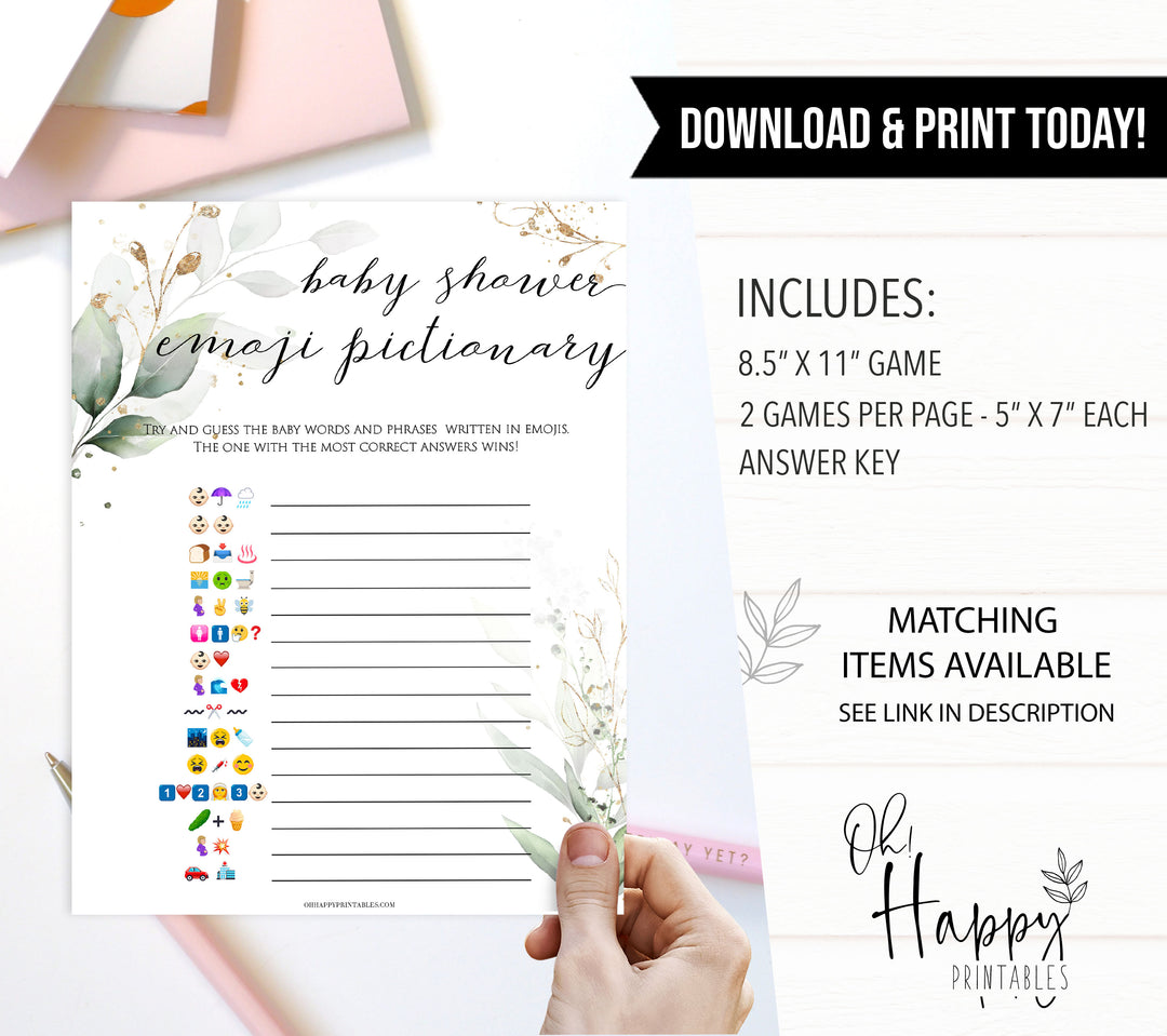 Gold green leaf baby games, baby shower emoji pictionary, printable baby games, fun baby games, top baby games to play, gold leaf baby shower, greenery baby shower ideas