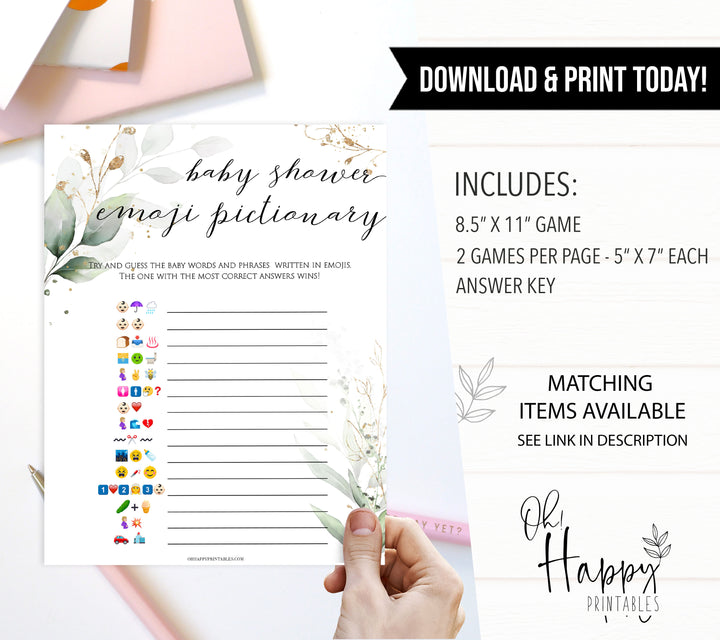Gold green leaf baby games, baby shower emoji pictionary, printable baby games, fun baby games, top baby games to play, gold leaf baby shower, greenery baby shower ideas