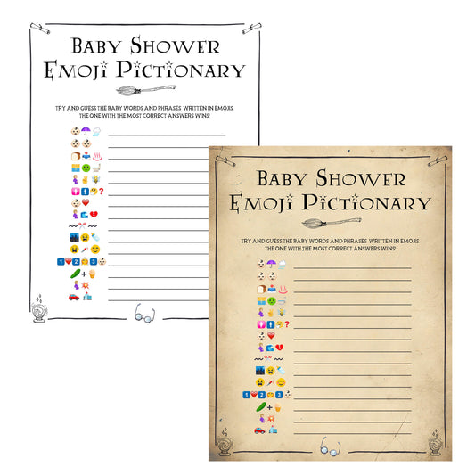 baby shower emoji pictionary, Wizard baby shower games, printable baby shower games, Harry Potter baby games, Harry Potter baby shower, fun baby shower games,  fun baby ideas