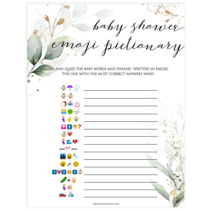 Gold green leaf baby games, baby shower emoji pictionary, printable baby games, fun baby games, top baby games to play, gold leaf baby shower, greenery baby shower ideas