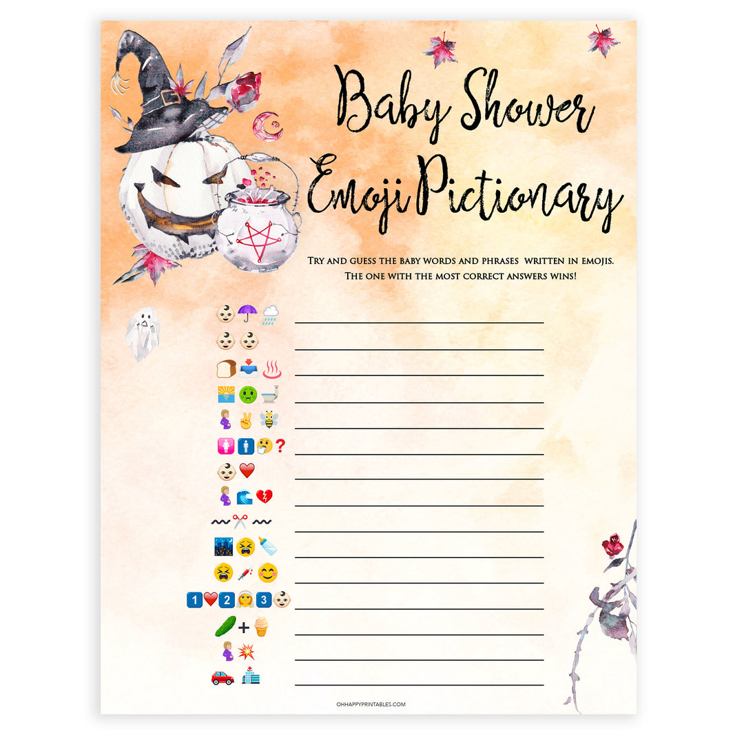 Halloween pumpkin baby games, baby shower emoji pictionary baby games, printable baby games, best baby games, top baby games halloween baby shower, halloween baby ideas, best baby games