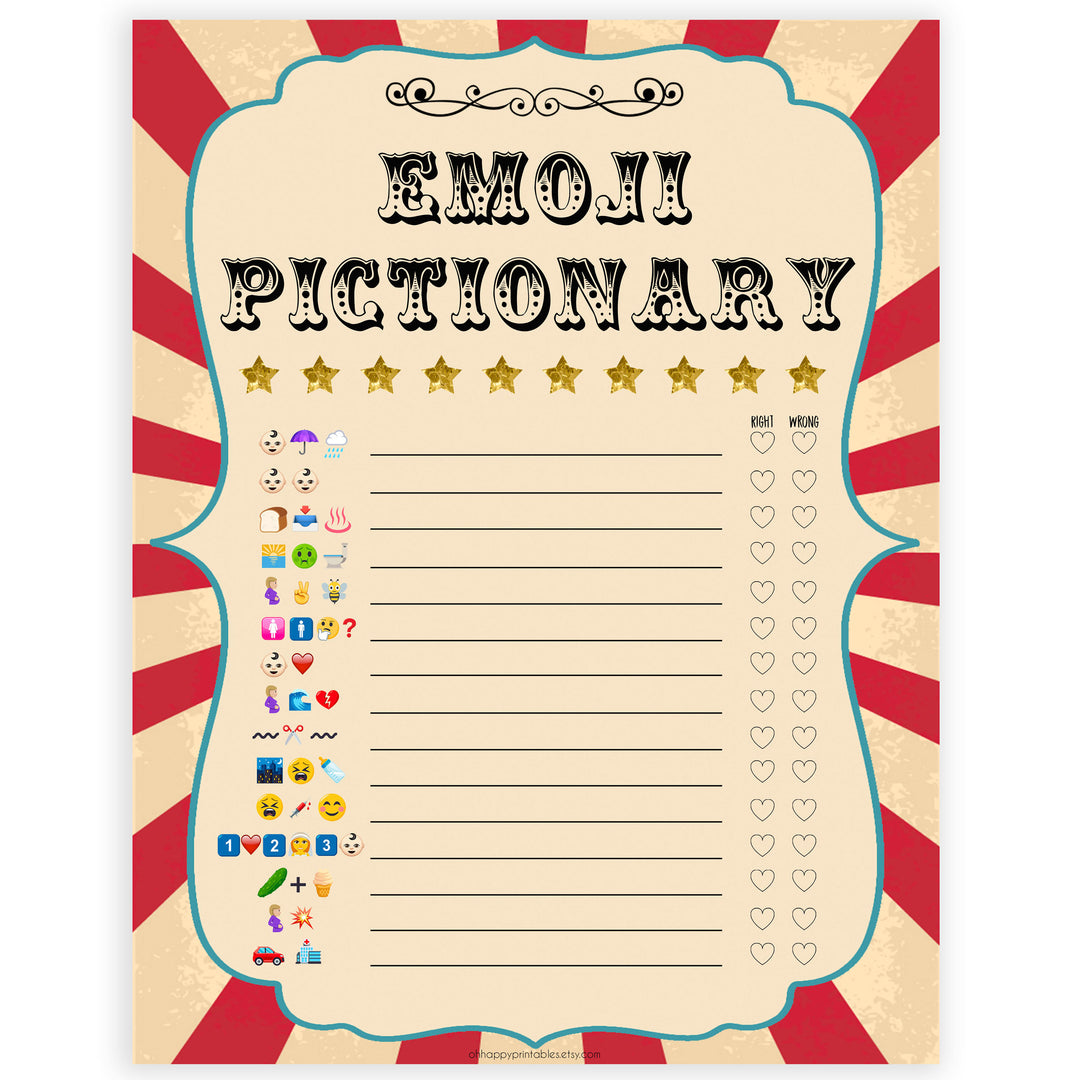 Circus baby emoji pictionary baby shower games, circus baby games, carnival baby games, printable baby games, fun baby games, popular baby games, carnival baby shower, carnival theme