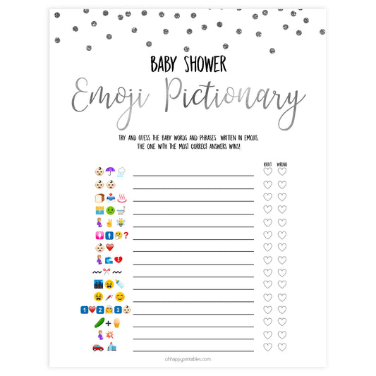 baby shower emoji pictionary game, Printable baby shower games, baby silver glitter fun baby games, baby shower games, fun baby shower ideas, top baby shower ideas, silver glitter shower baby shower, friends baby shower ideas