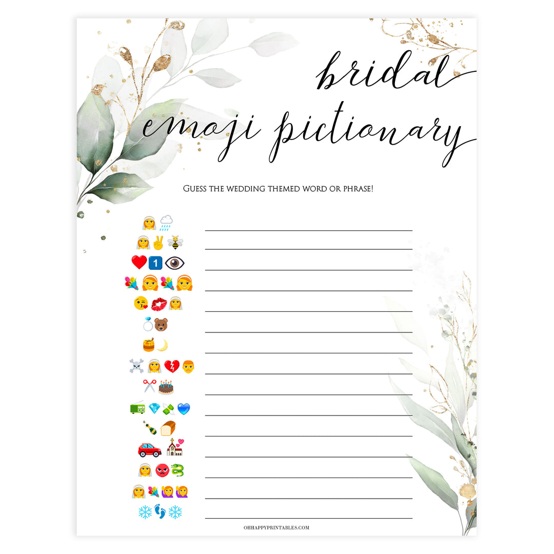 bridal emoji pictionary, Printable bridal shower games, greenery bridal shower, gold leaf bridal shower games, fun bridal shower games, bridal shower game ideas, greenery bridal shower