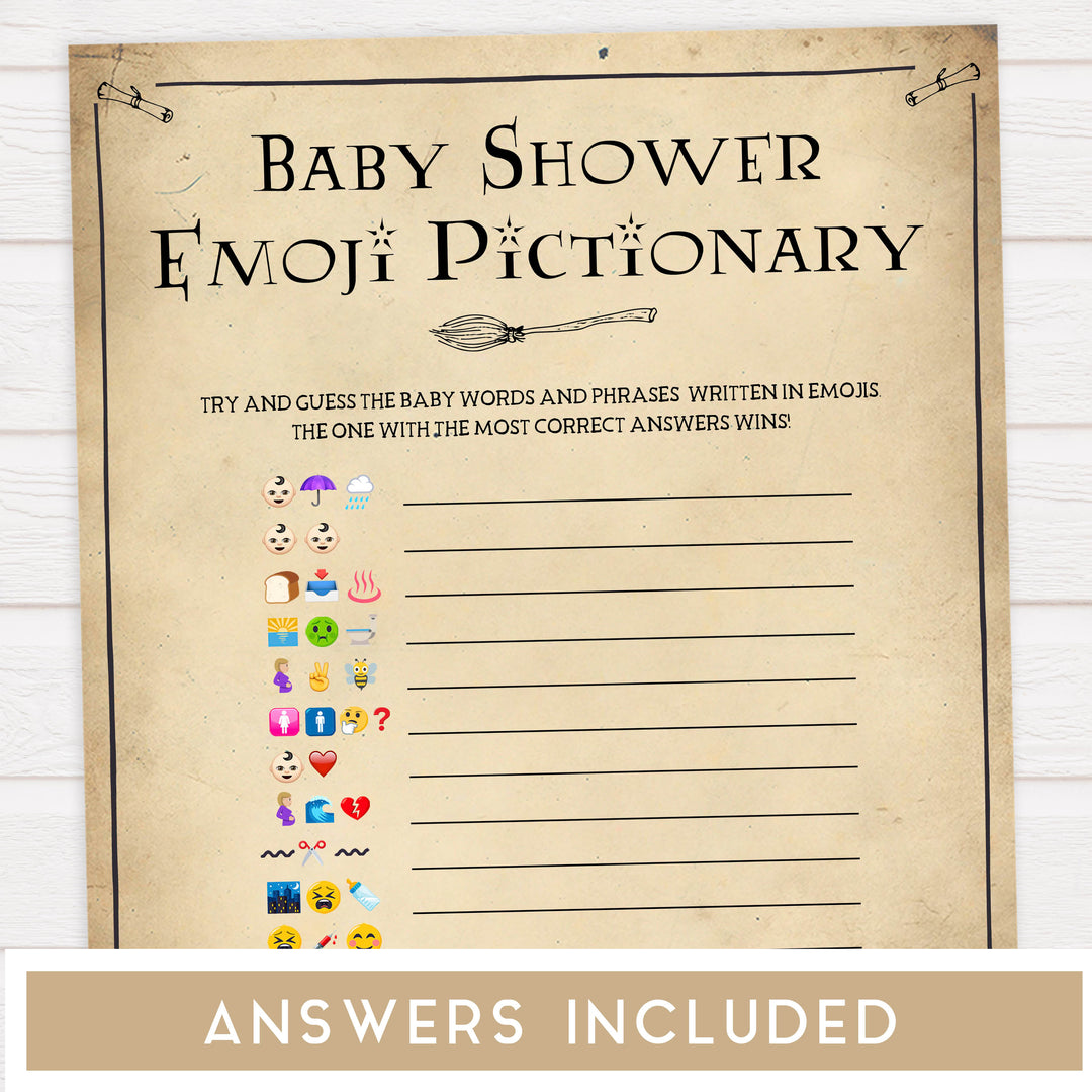 baby shower emoji pictionary, Wizard baby shower games, printable baby shower games, Harry Potter baby games, Harry Potter baby shower, fun baby shower games,  fun baby ideas
