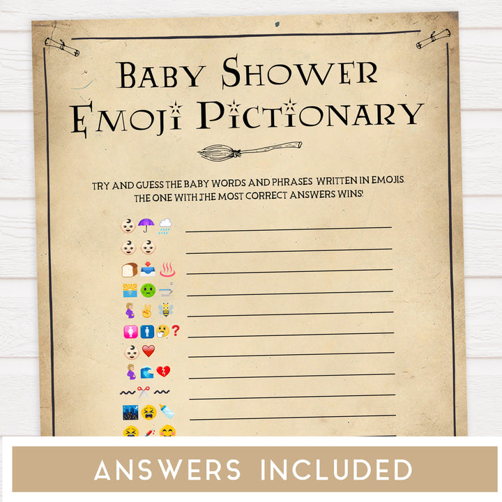 baby shower emoji pictionary, Wizard baby shower games, printable baby shower games, Harry Potter baby games, Harry Potter baby shower, fun baby shower games,  fun baby ideas