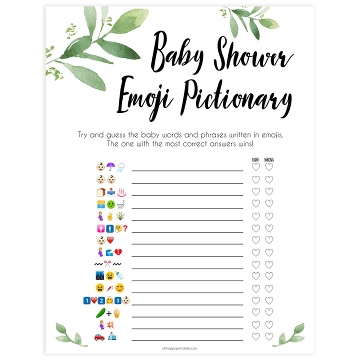 Botanical Emoji Pictionary Baby Shower Games, Emoji Baby Shower Games, Botanical Emoji Pictionary, Green Baby Shower Emoji Game, Emoji , best baby shower games, funny baby games, printable baby shower games