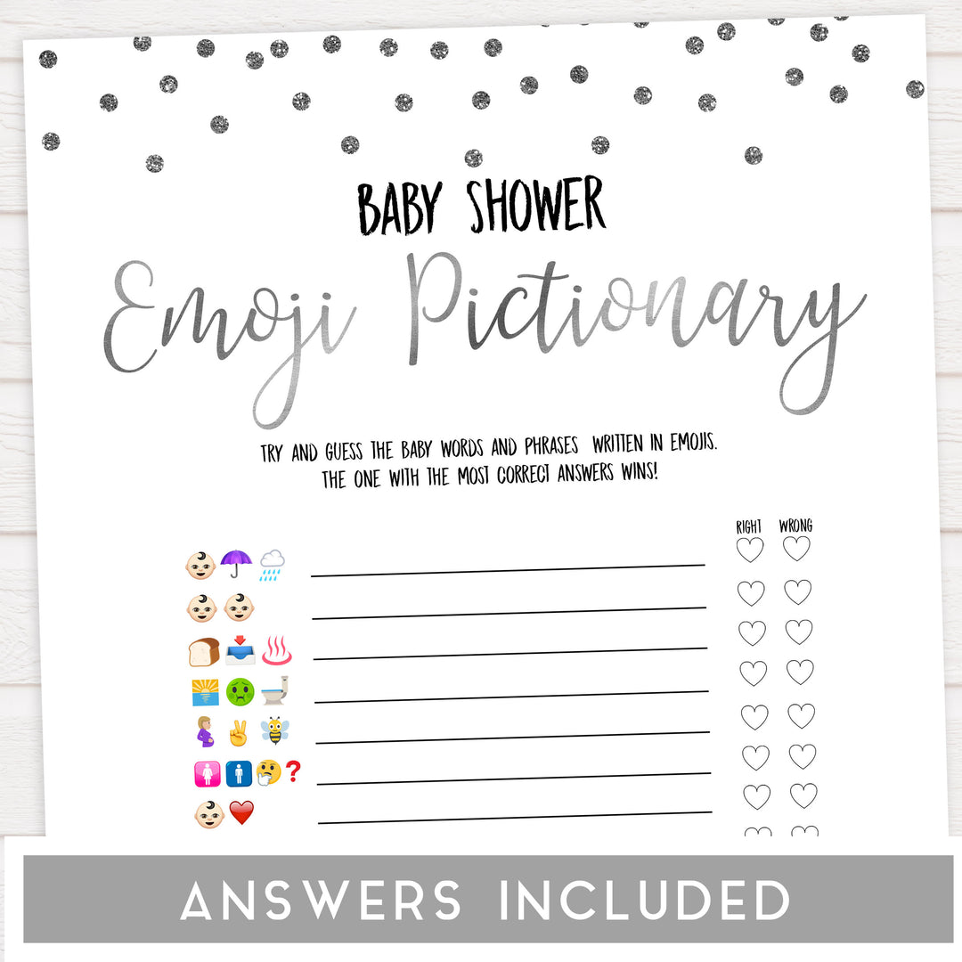 baby shower emoji pictionary game, Printable baby shower games, baby silver glitter fun baby games, baby shower games, fun baby shower ideas, top baby shower ideas, silver glitter shower baby shower, friends baby shower ideas