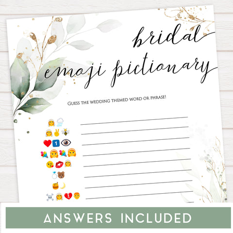 bridal emoji pictionary, Printable bridal shower games, greenery bridal shower, gold leaf bridal shower games, fun bridal shower games, bridal shower game ideas, greenery bridal shower