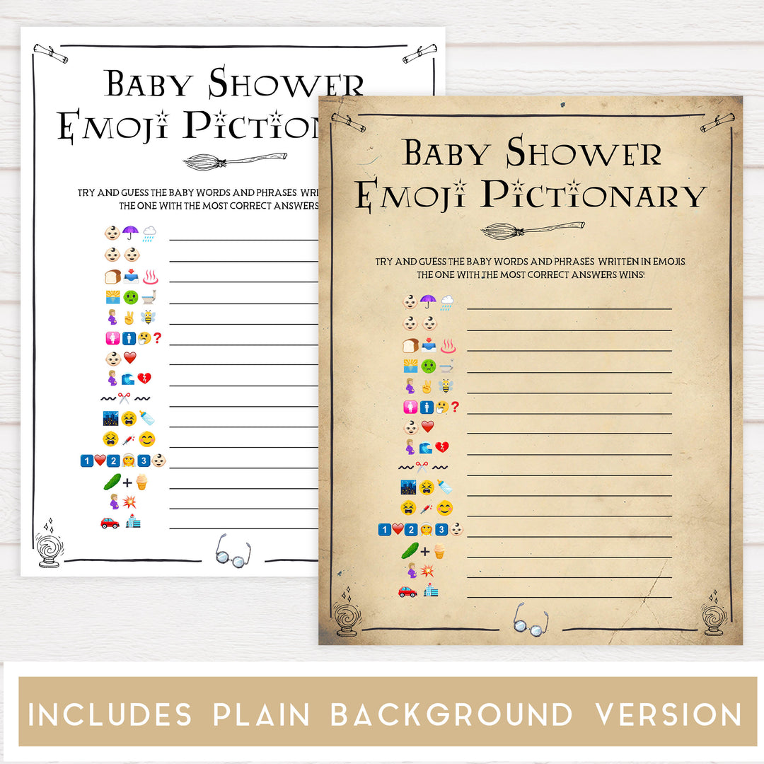 baby shower emoji pictionary, Wizard baby shower games, printable baby shower games, Harry Potter baby games, Harry Potter baby shower, fun baby shower games,  fun baby ideas