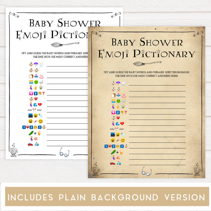 baby shower emoji pictionary, Wizard baby shower games, printable baby shower games, Harry Potter baby games, Harry Potter baby shower, fun baby shower games,  fun baby ideas