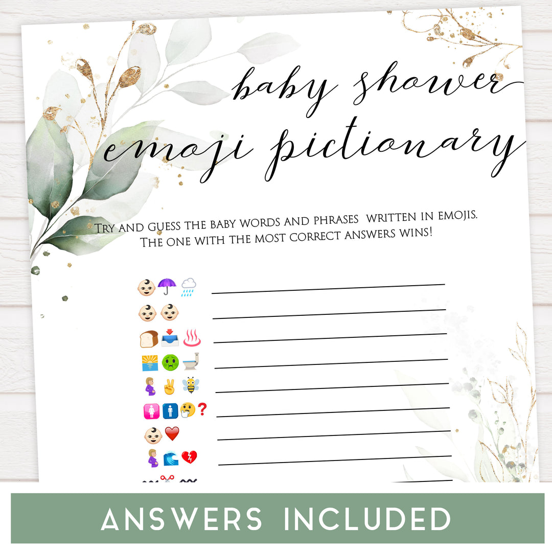 Gold green leaf baby games, baby shower emoji pictionary, printable baby games, fun baby games, top baby games to play, gold leaf baby shower, greenery baby shower ideas