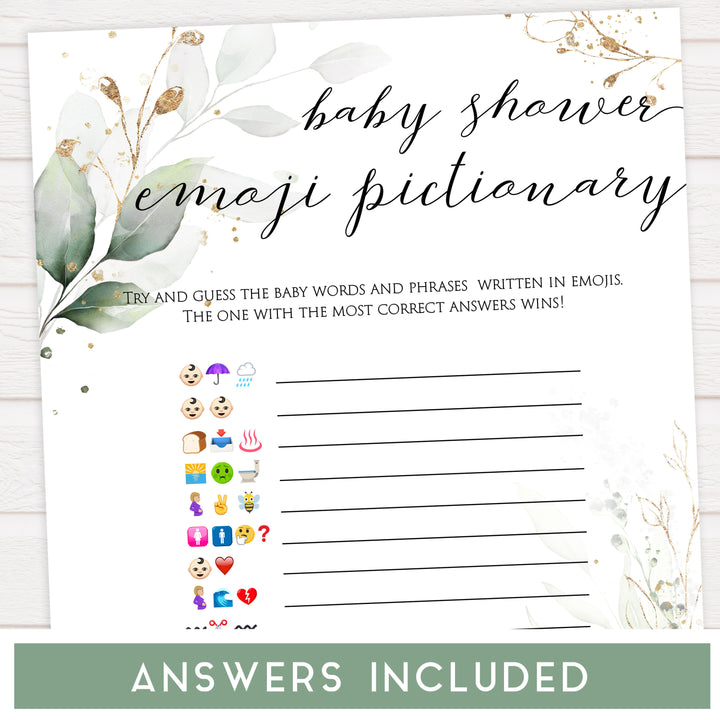 Gold green leaf baby games, baby shower emoji pictionary, printable baby games, fun baby games, top baby games to play, gold leaf baby shower, greenery baby shower ideas