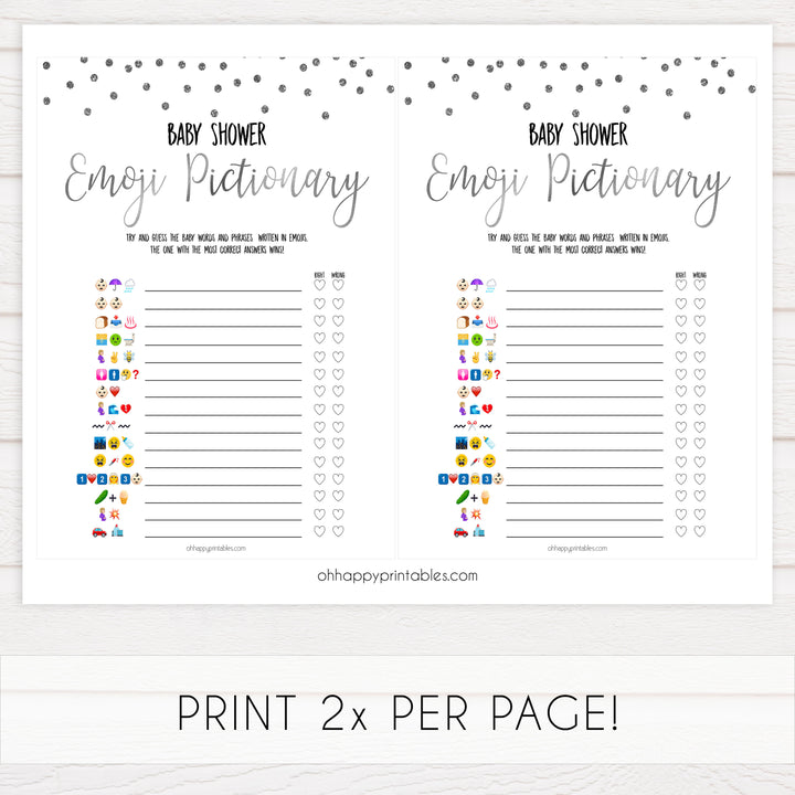 baby shower emoji pictionary game, Printable baby shower games, baby silver glitter fun baby games, baby shower games, fun baby shower ideas, top baby shower ideas, silver glitter shower baby shower, friends baby shower ideas