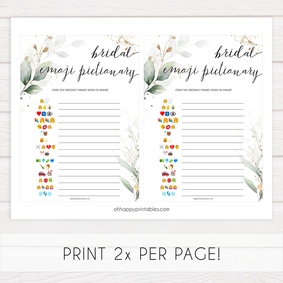 bridal emoji pictionary, Printable bridal shower games, greenery bridal shower, gold leaf bridal shower games, fun bridal shower games, bridal shower game ideas, greenery bridal shower