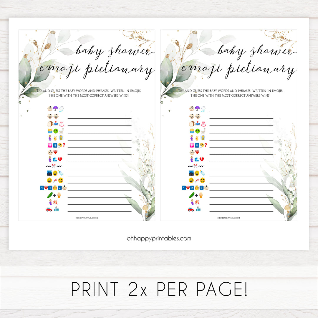 Gold green leaf baby games, baby shower emoji pictionary, printable baby games, fun baby games, top baby games to play, gold leaf baby shower, greenery baby shower ideas