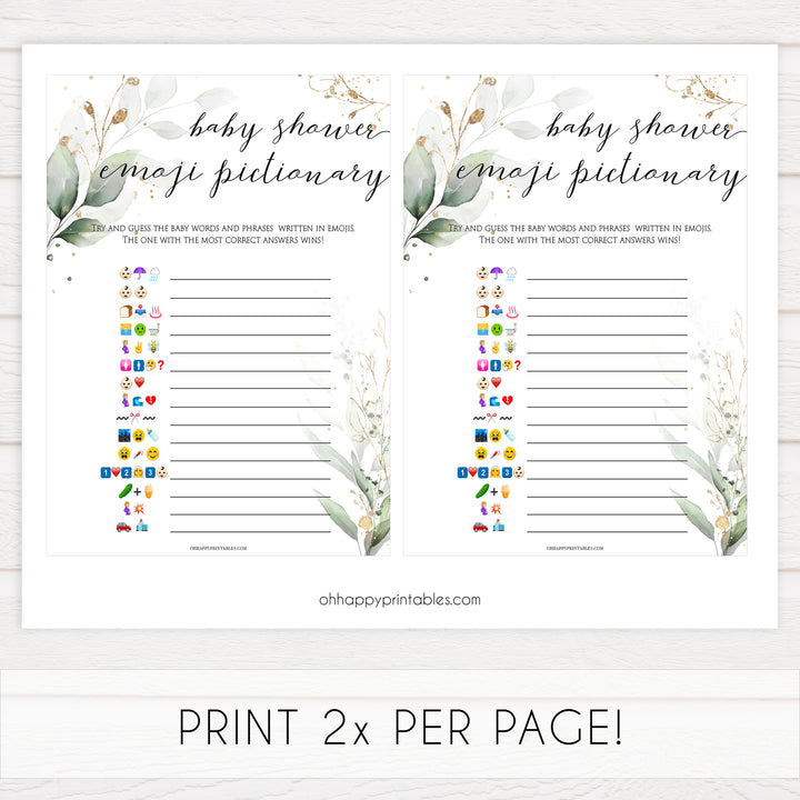 Gold green leaf baby games, baby shower emoji pictionary, printable baby games, fun baby games, top baby games to play, gold leaf baby shower, greenery baby shower ideas