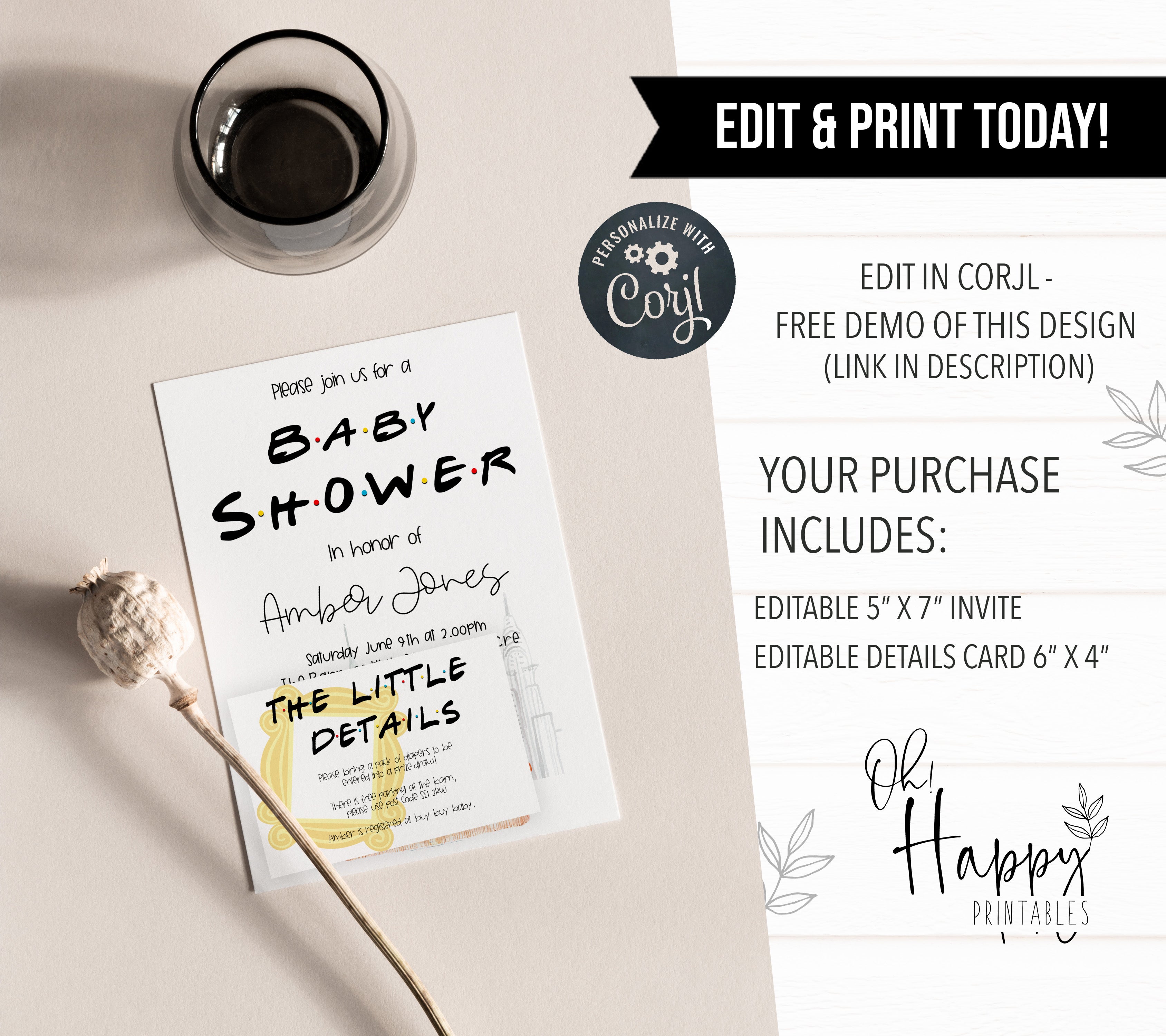 friends baby shower invitation, baby shower invitations, editable baby shower invite, friends baby shower theme, friends