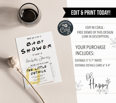 friends baby shower invitation, baby shower invitations, editable baby shower invite, friends baby shower theme, friends